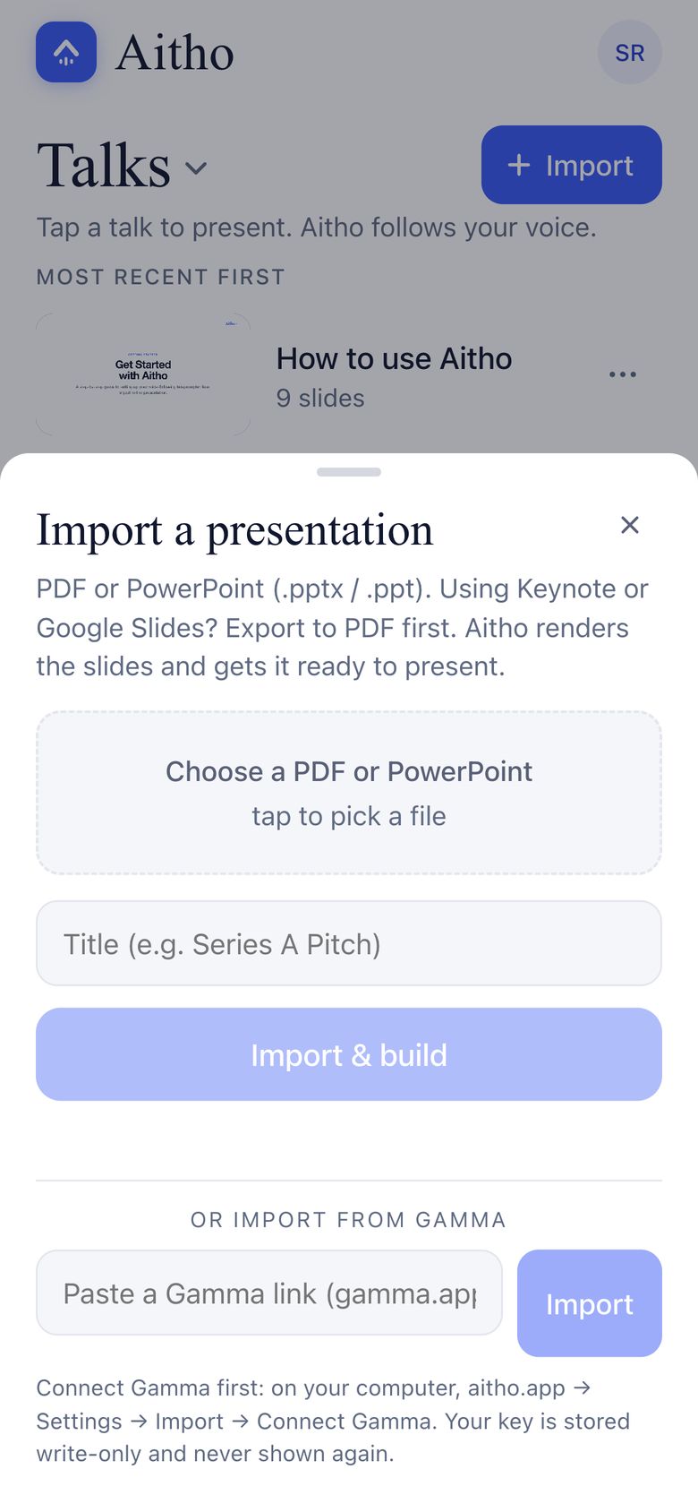 Aitho on a phone: the Import a presentation sheet with Choose a PDF or PowerPoint, a title field and Import & build.