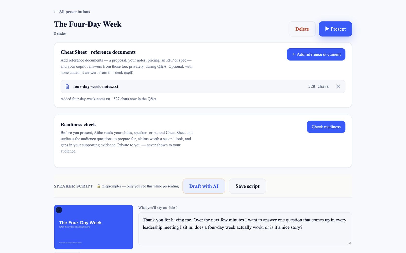 A talk's prepare page: Present button, Cheat Sheet reference documents with Add reference document, and the Speaker script with Draft with AI.