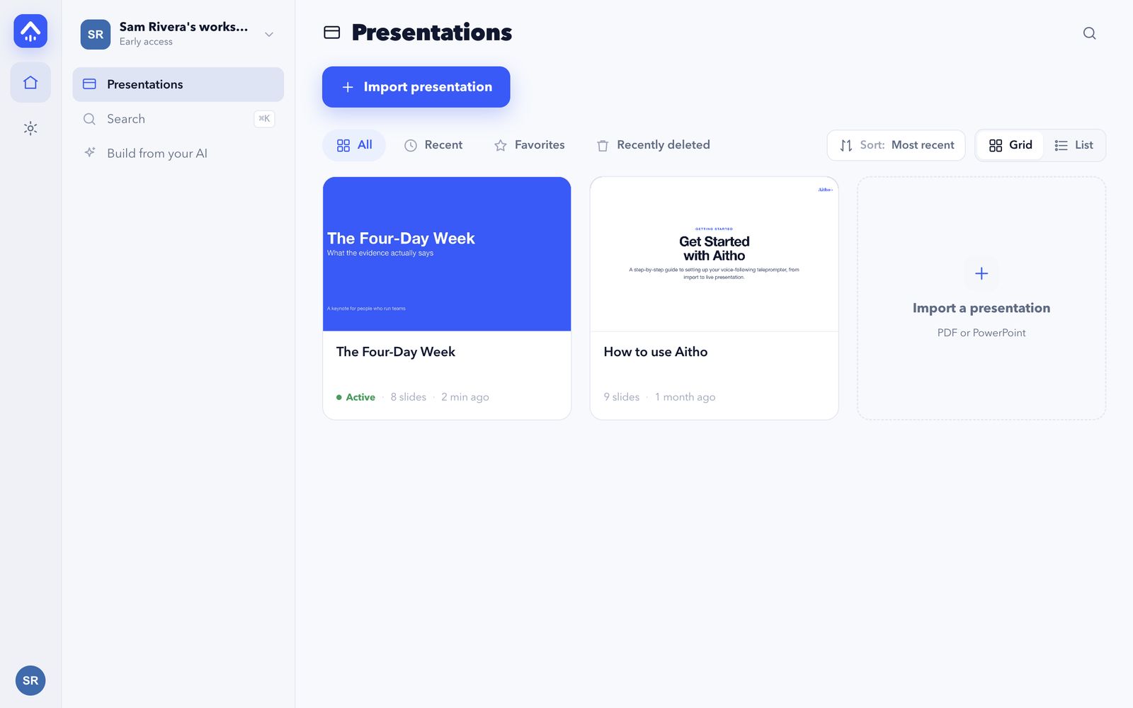 Aitho web app, Presentations page, with the Import presentation button at the top and a talk card below.