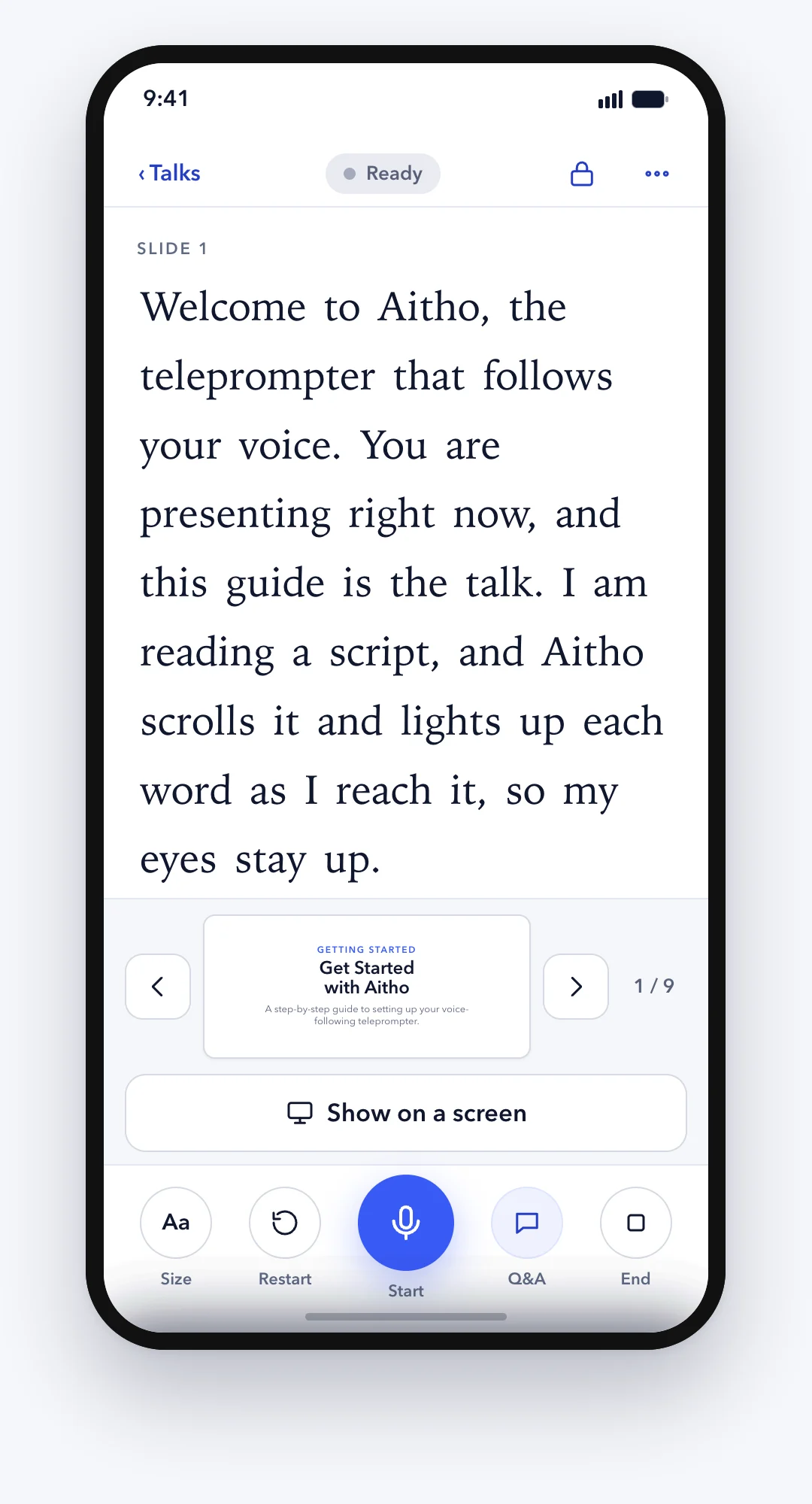The Aitho phone app, ready to present: your script from its first words, the slide you are on, and one button to start.