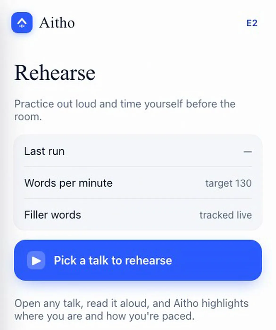 The Rehearse screen in the Aitho phone app: the sample talk ready to practice, with the sound check and the Start button.