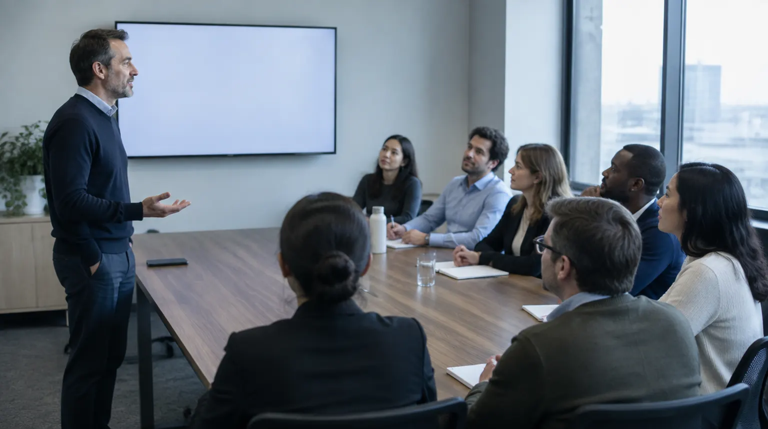 A speaker at the front of a small meeting room, facing colleagues who are listening.